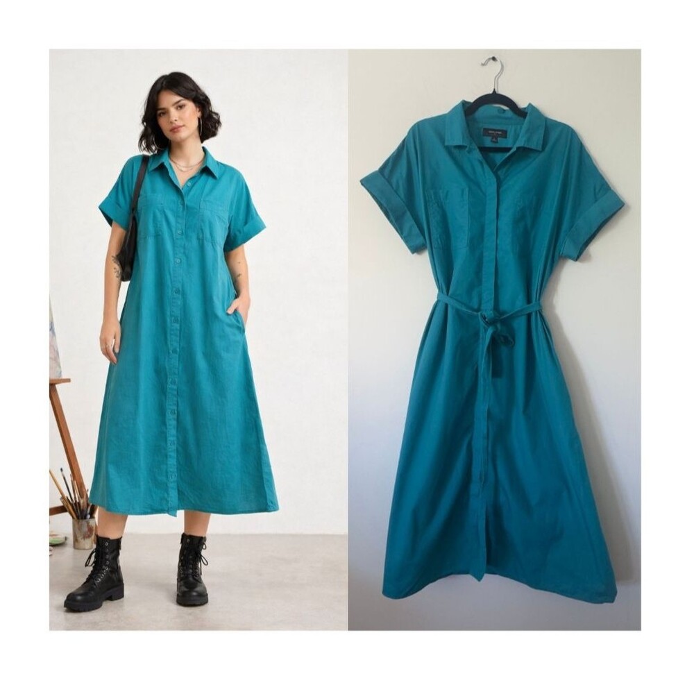 Banana Republic Turquoise Maxi Shirt Dress L 100% Cotton Button Front Tie Waist